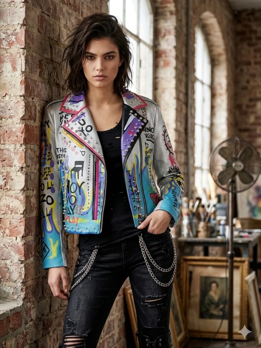 Azalea Wang Graffiti Silver Jacket Embellished Eagle Rose Statement Piece